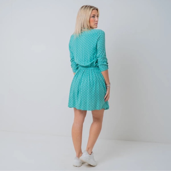 Celia Birtwell Uniqlo Green Star Long Sleeve Tie Drop Waist Buttoned Dress XS 8 - Picture 3 of 3